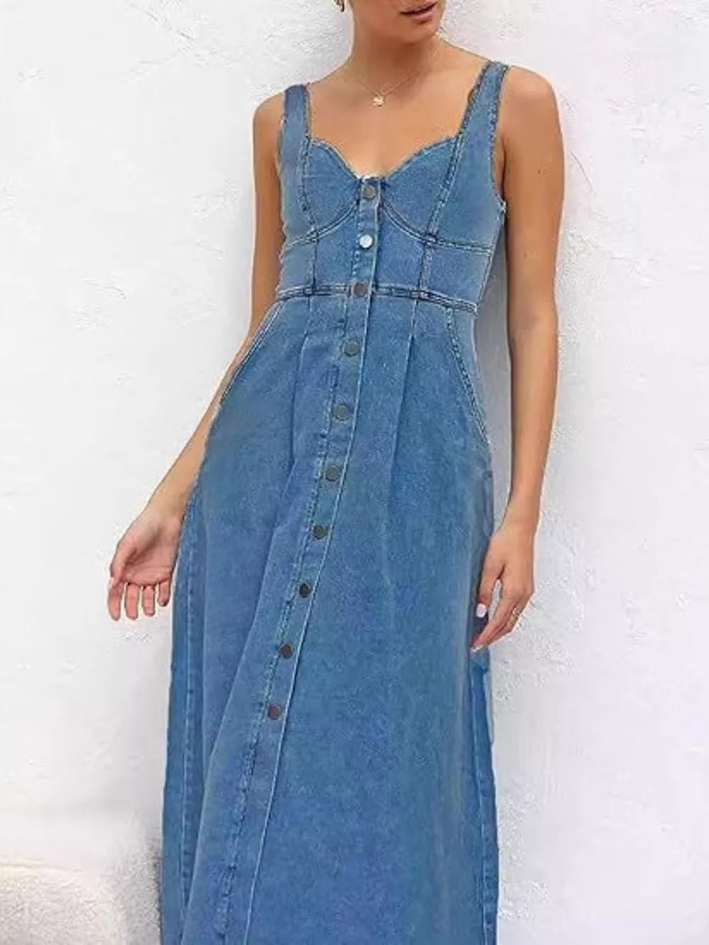 light blue midi dress with midi and button-front