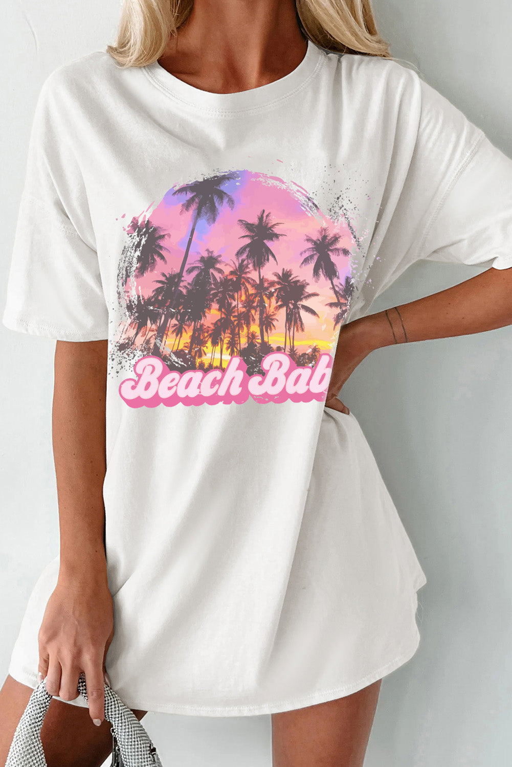 White graphic tee dress with palm trees and Beach Bab text.