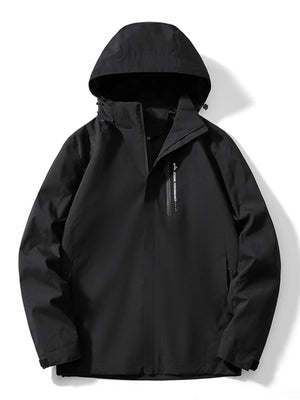 Men's black waterproof hooded jacket with zippered chest pocket and text detail.