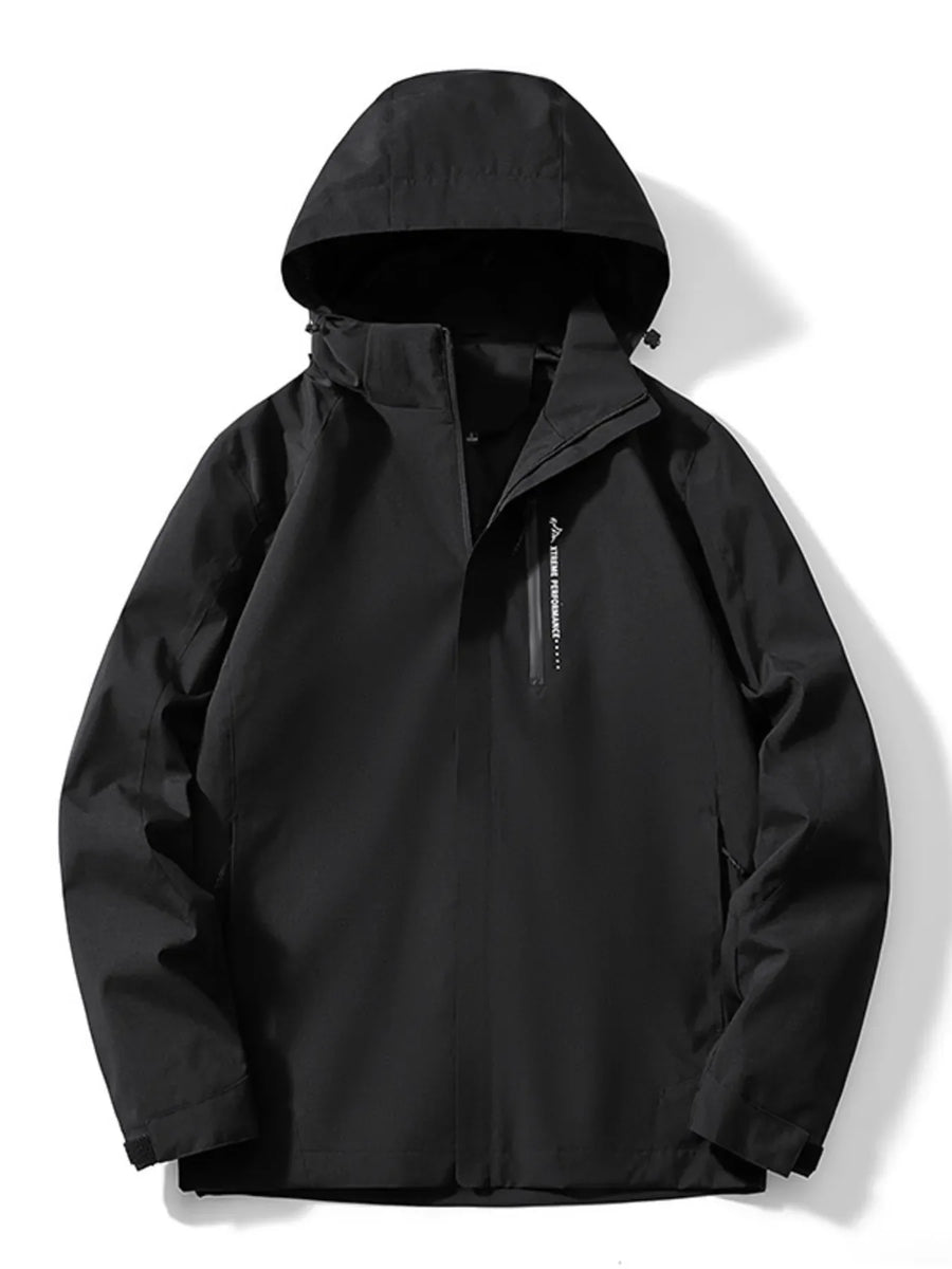Men's black waterproof hooded jacket with zippered chest pocket and text detail.