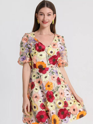 Sheer floral embroidered dress with V-neck and puff sleeves.