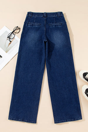 Mid-rise straight leg jeans in dark wash denim with button closure and two back pockets.
