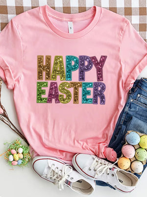 Dusty Pink t-shirt with glitter lettering that says Happy Easter in rainbow colors.