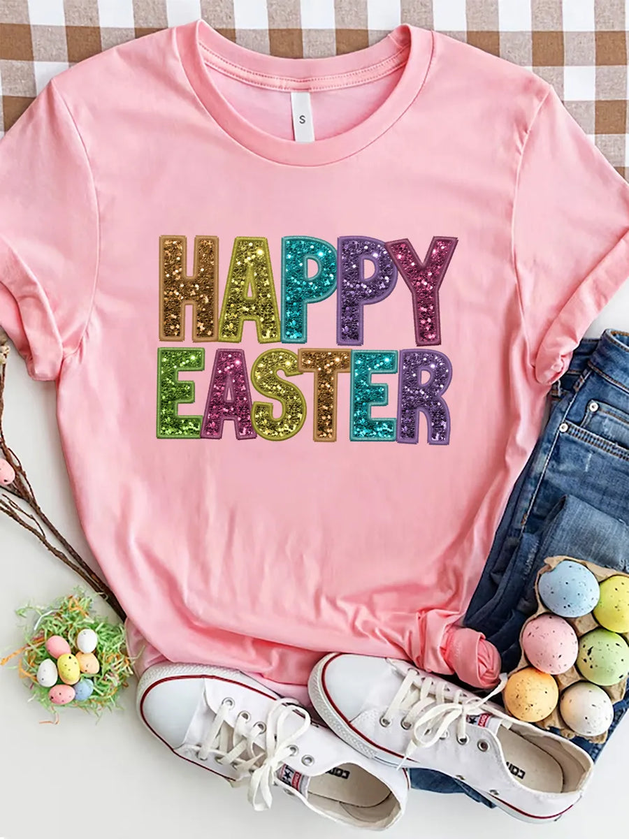 Dusty Pink t-shirt with glitter lettering that says Happy Easter in rainbow colors.