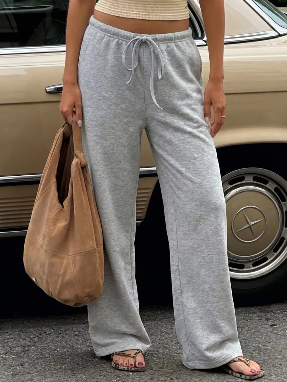 Gray Drawstring Wide-leg Sweatpants