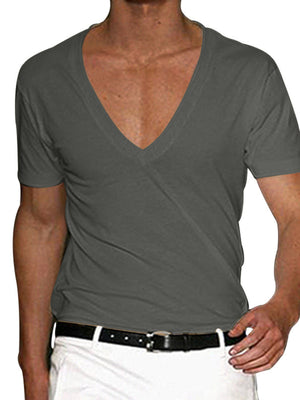 Dark Gray cotton blend slim fit tee with deep V-neck and short sleeves.