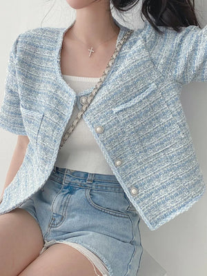 Pearl Button Short Sleeve Tweed Jacket in Blue