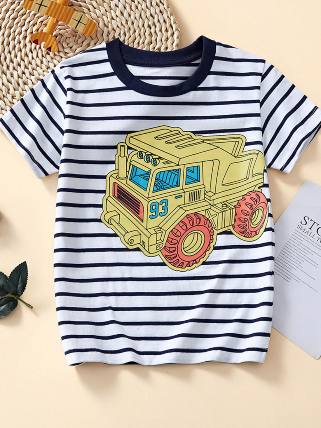 Toddler striped cotton crew neck t-shirt with yellow dump truck graphic