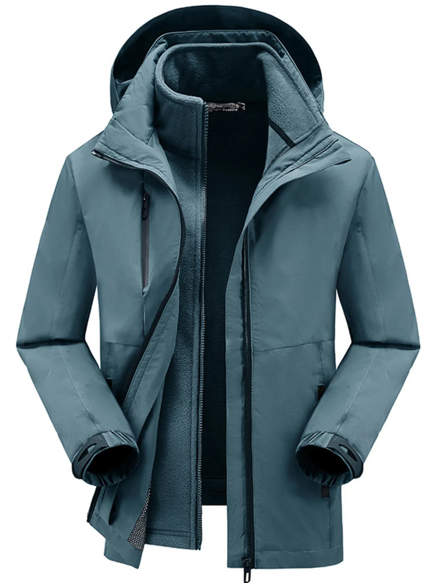 Lake blue hooded zip jacket with fleece lining and zippered pockets.
