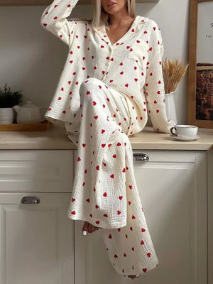 Khaki Heart Print Long Sleeve Top And Pants Lounge Set