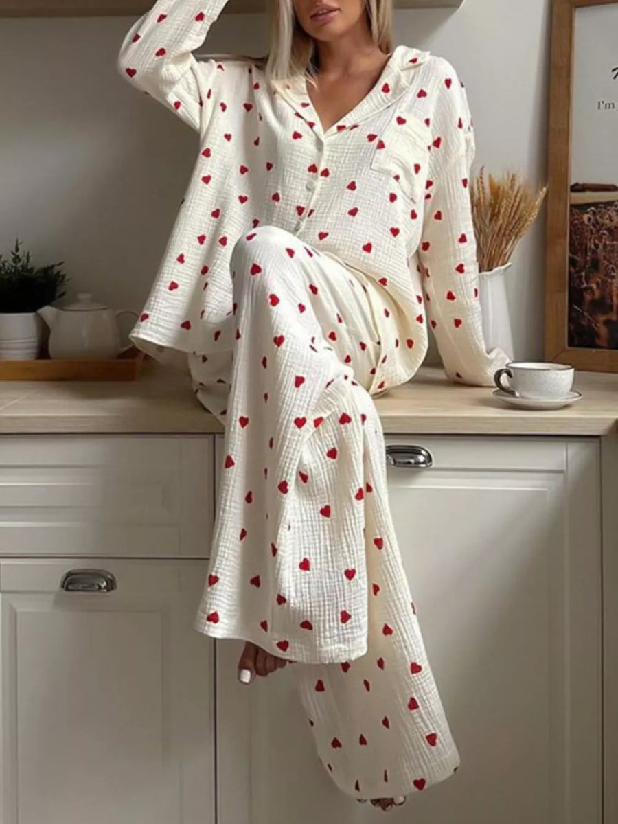 Khaki Heart Print Long Sleeve Top And Pants Lounge Set