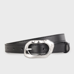 Black cowhide leather belt with a unique silver buckle