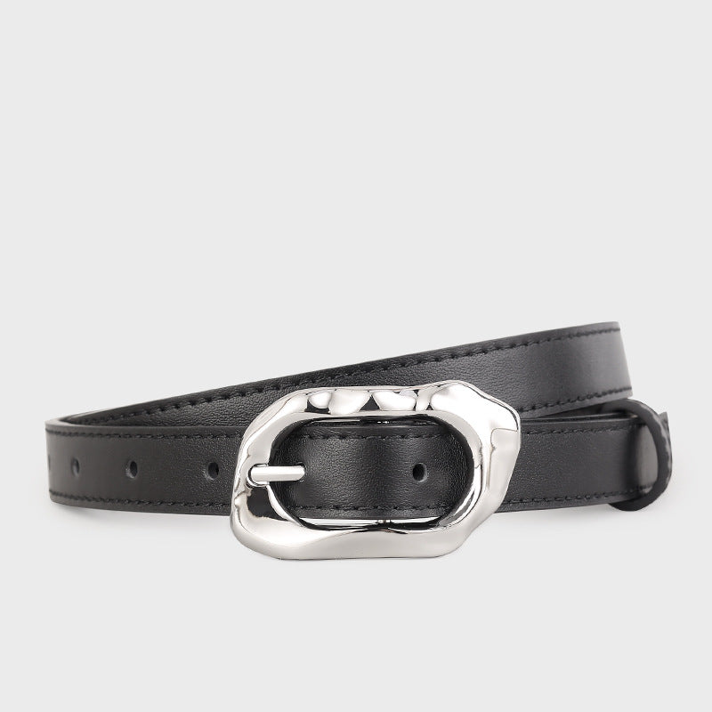 Black cowhide leather belt with a unique silver buckle