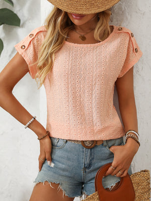Shoulder Button Eyelet Knit Tee in Pink with eyelet detail