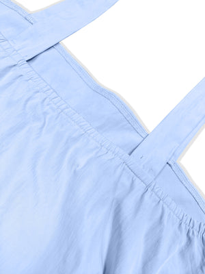 Light blue casual dress with wide straps and elasticated neckline detail.