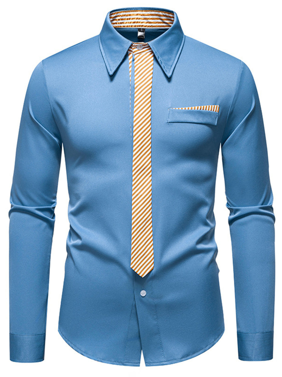 Men's sky blue button-up shirt with a striped tie detail and pocket.