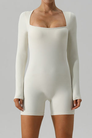 Ivory sculpted square neck long sleeve unitard with short legs