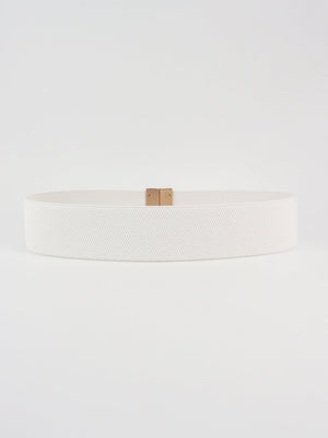 White elastic belt with textured pattern and gold clasp detail