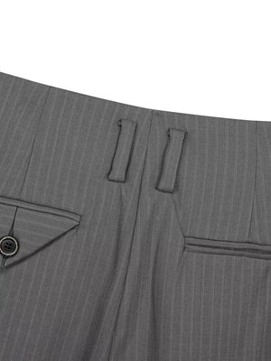 Grey pinstripe men's sweatpants with buttoned pocket detail and adjustable waist tabs.