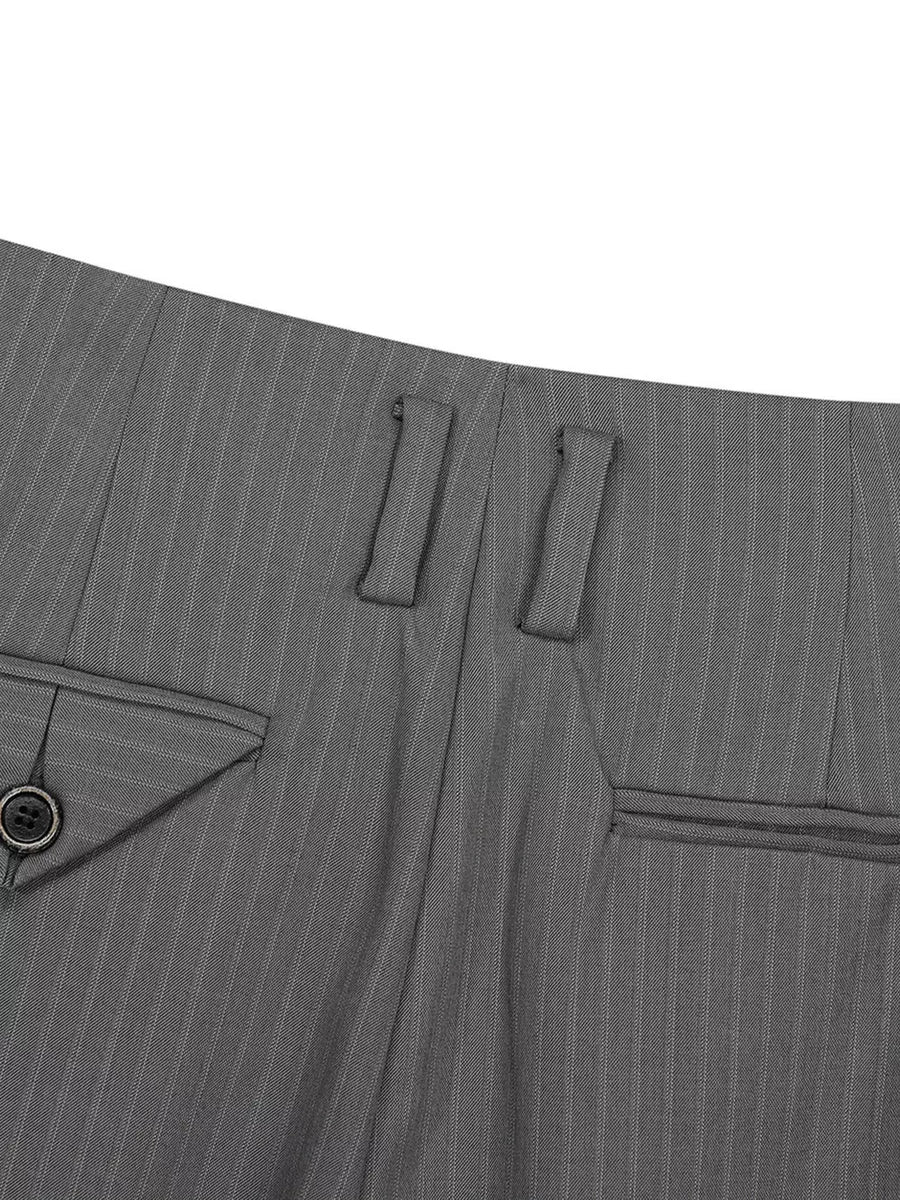 Grey pinstripe men's sweatpants with buttoned pocket detail and adjustable waist tabs.
