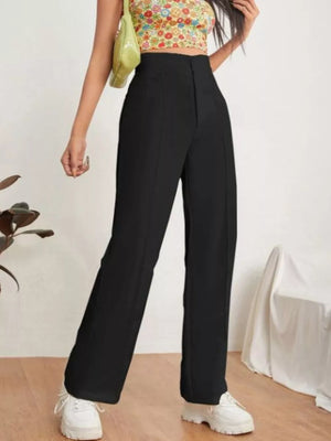 Black high-waisted maternity pants with center seams and a wide leg