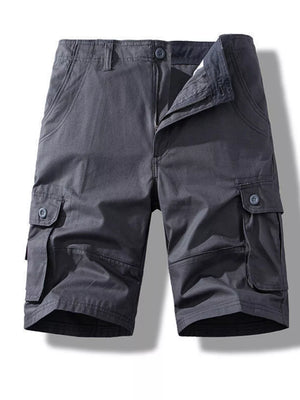 Men's dark gray cargo shorts with button fly and multiple pockets.