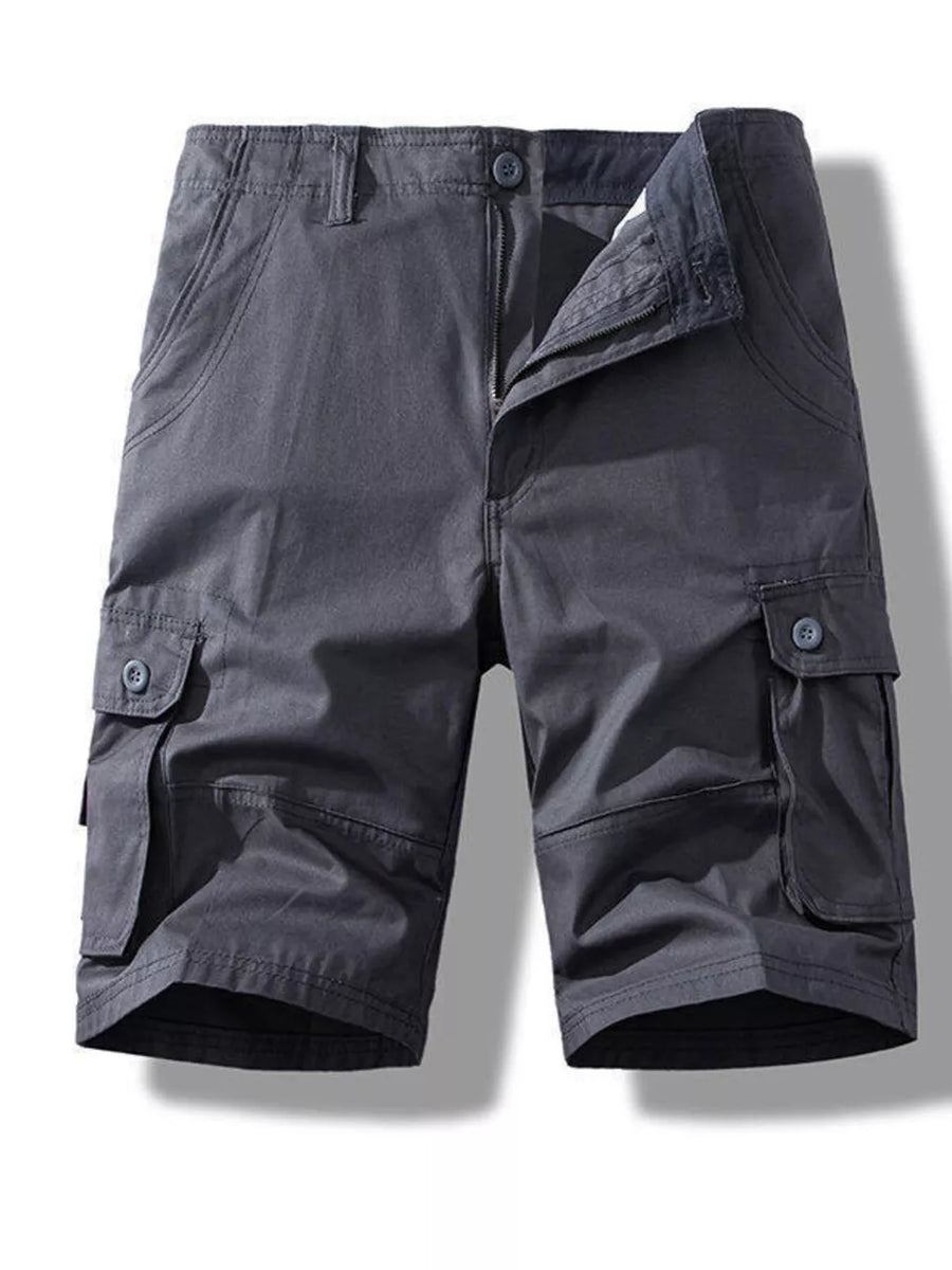 Men's dark gray cargo shorts with button fly and multiple pockets.
