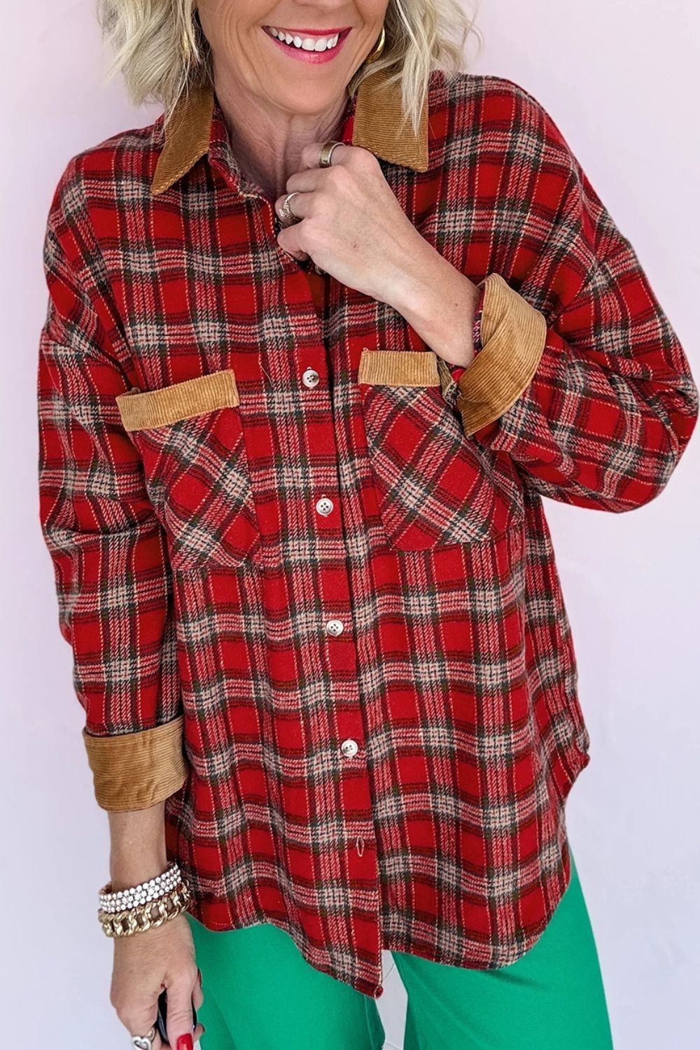 Scarlet shacket with hip-length and button-front