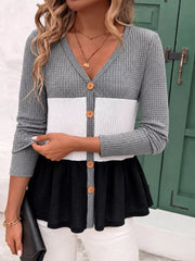 cardigan in white with color-block and waffle-knit