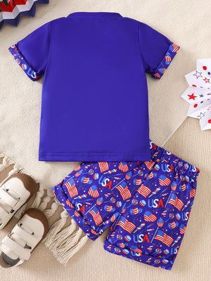 Baby boys patriotic outfit with blue tee and shorts featuring American flag print.