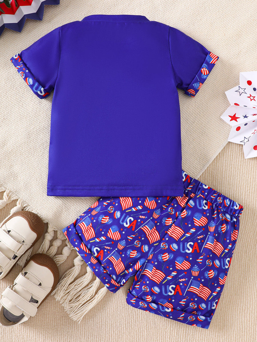 Baby boys patriotic outfit with blue tee and shorts featuring American flag print.