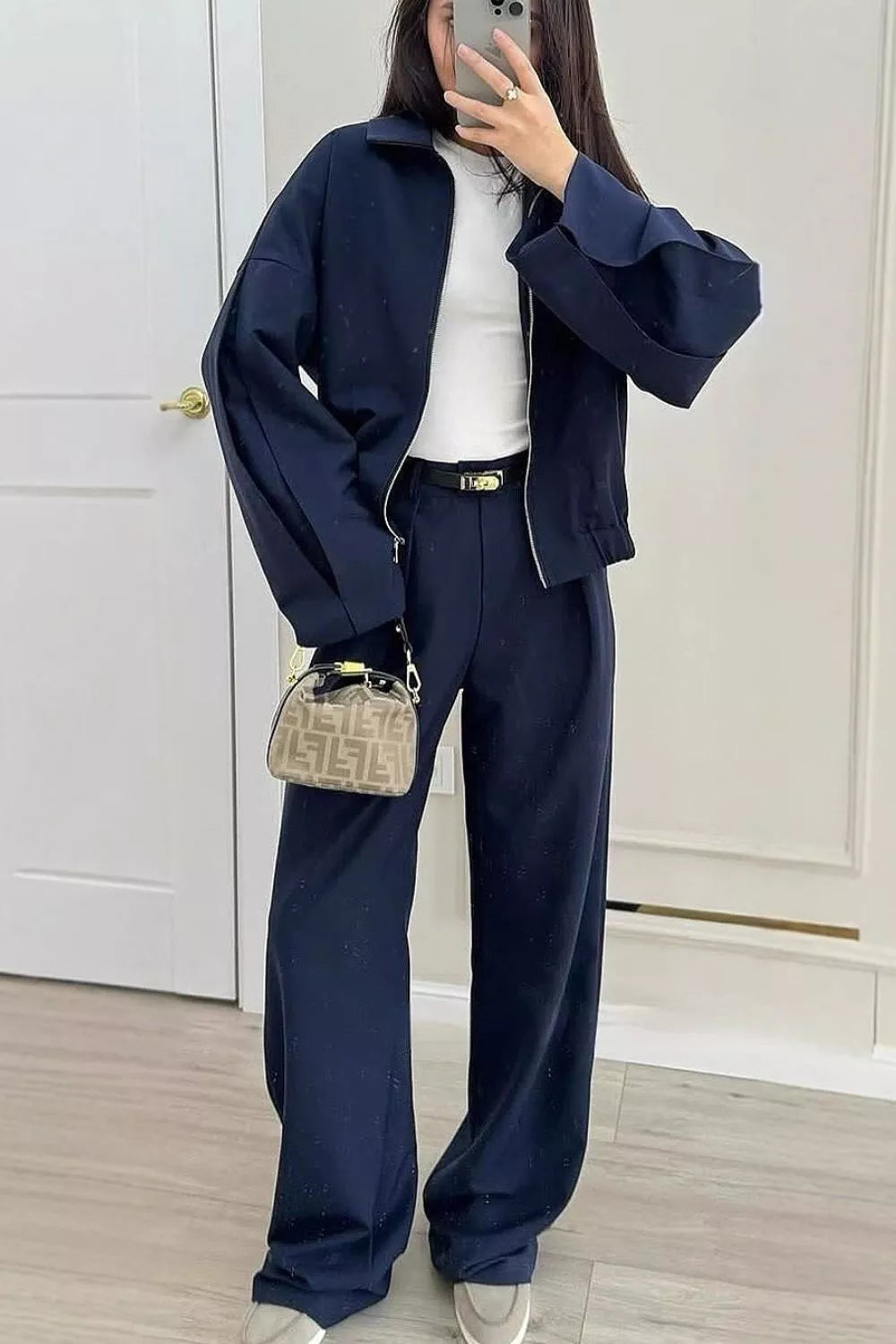 matching set in Taupe with two-piece set and waist-length