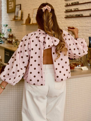 blush pink blouse with polka-dot and round neck