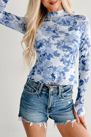 Light Blue with Floral Print Long Sleeve Mesh Top