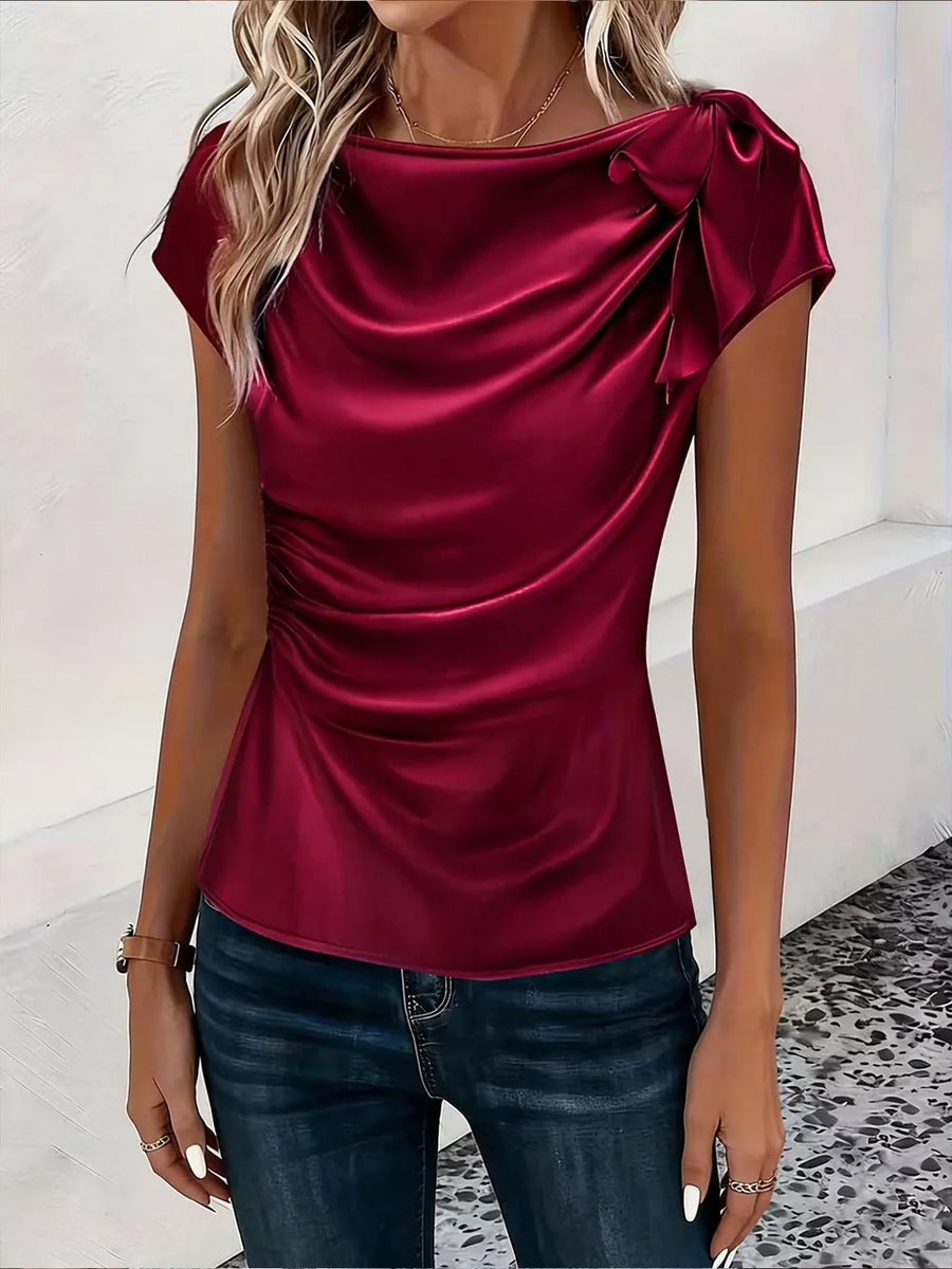 White Ruched Short Sleeve Satin Top