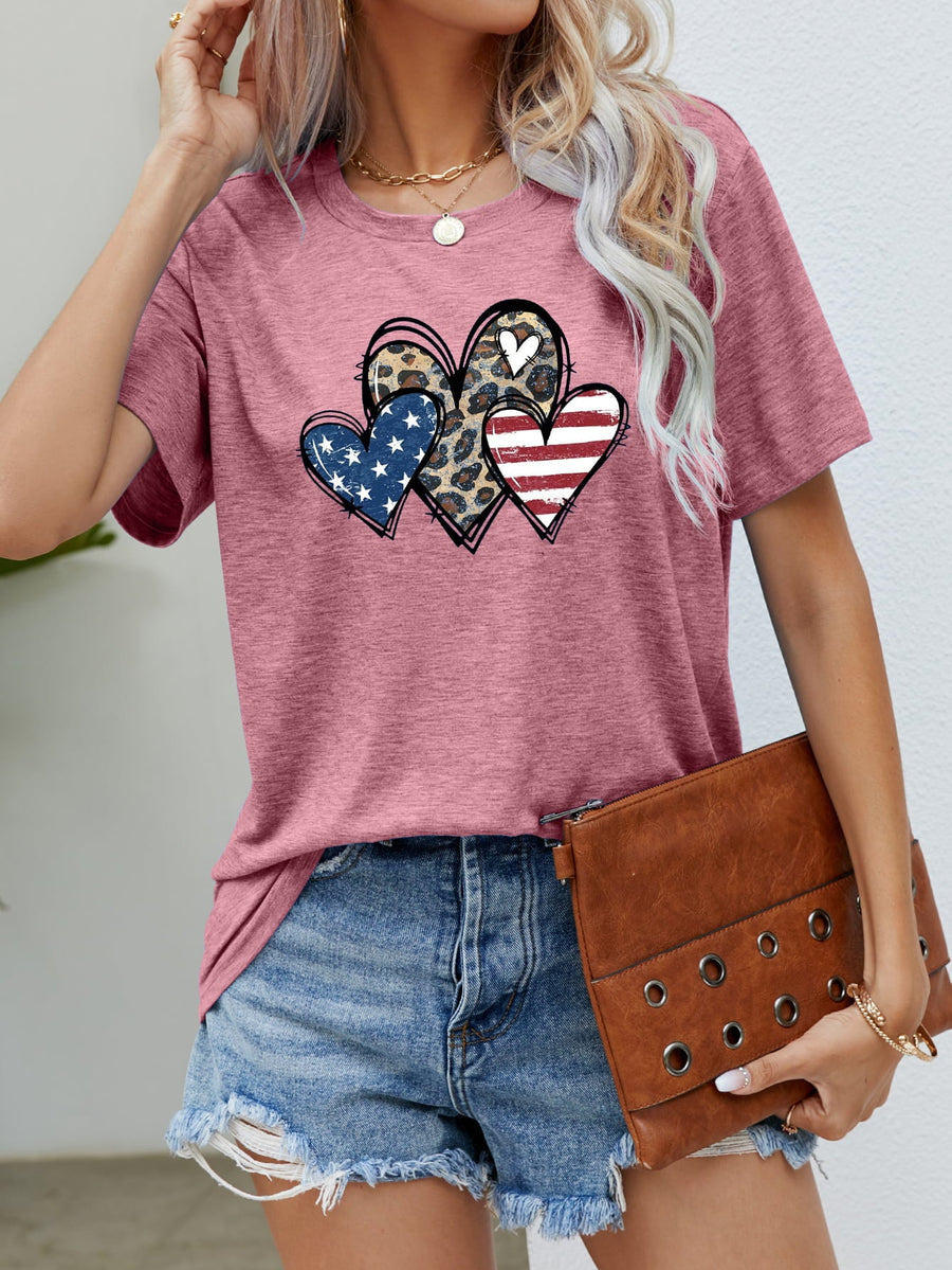 Dusty Pink t-shirt with leopard and American flag hearts graphic.