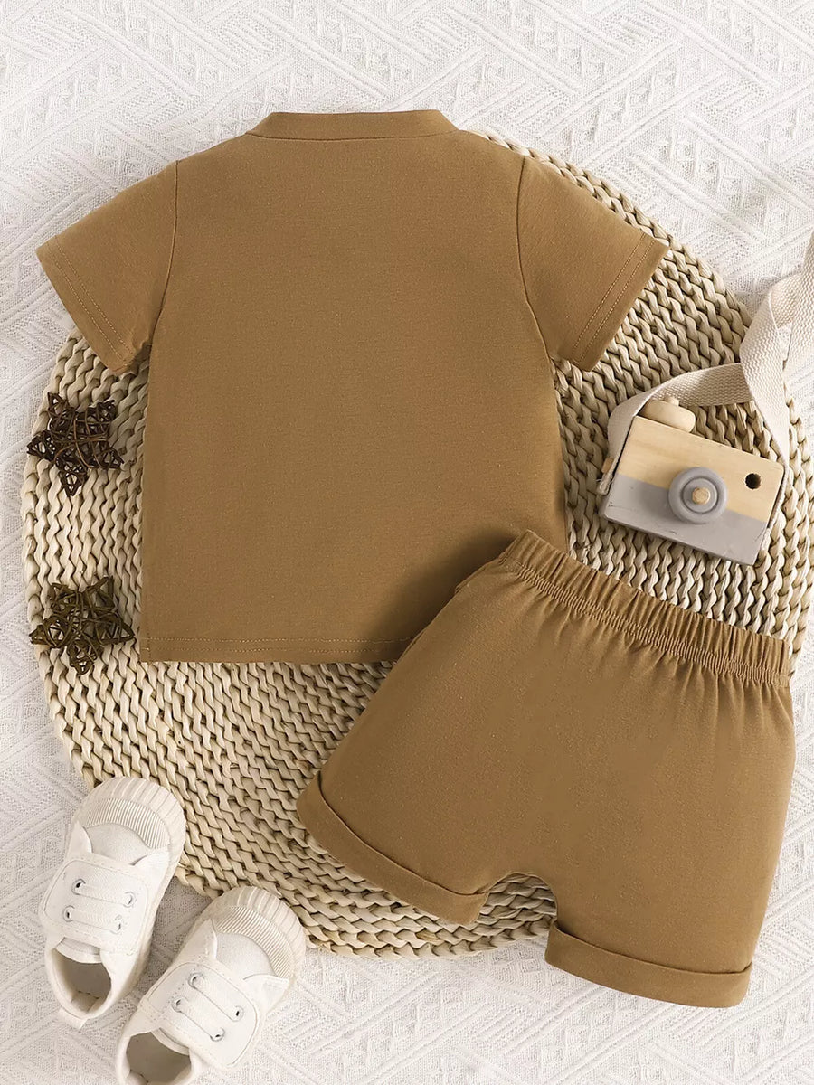 Children's Letter Round Neck Tee And Shorts Set in Dark Brown