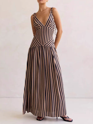 Tie-shoulder maxi dress with V-neck in brown and navy stripes, adjustable straps