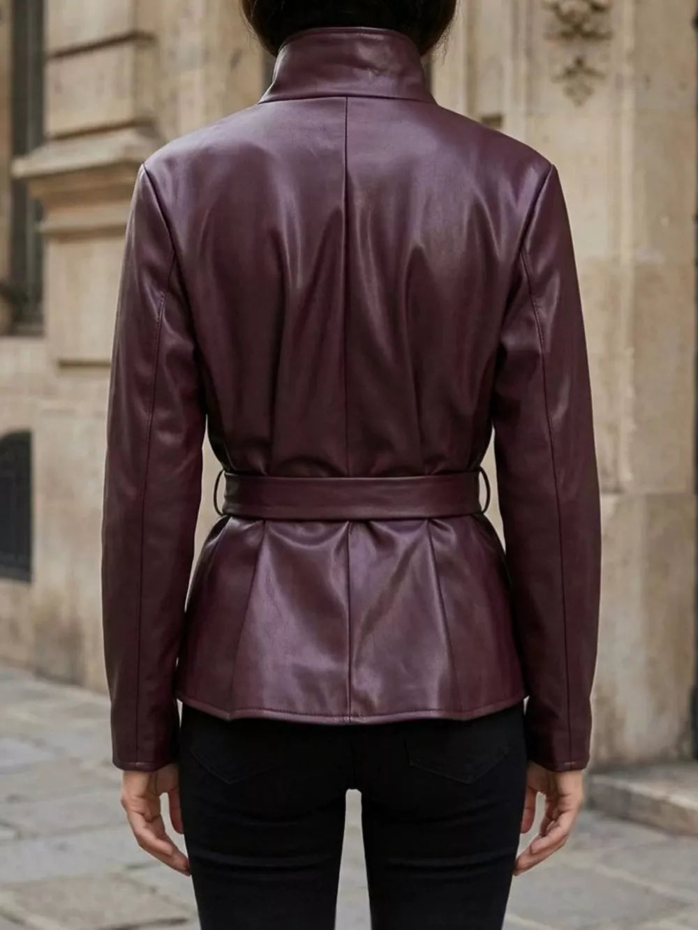 Burgundy fitted leather jacket with mandarin collar