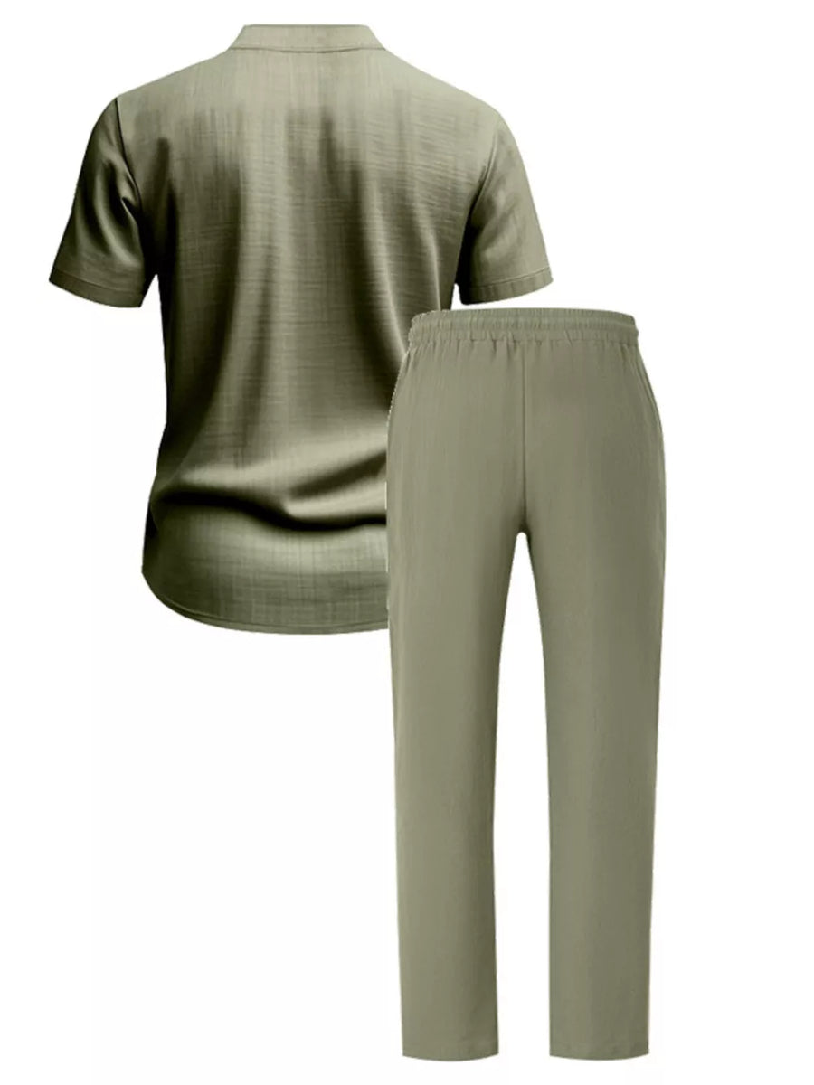 Light Blue Men's Casual Button-up Short Sleeve Shirt And Pants Set