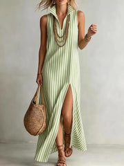 Blue Full Size Striped Maxi Dress With High Slit