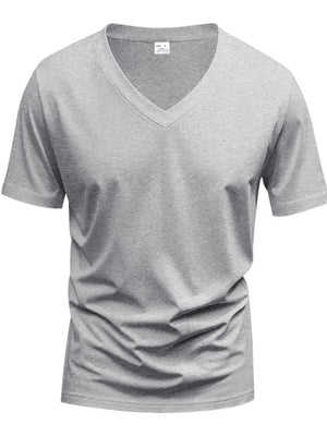 Gray V-neck t-shirt with short sleeves and a modern muscle fit.