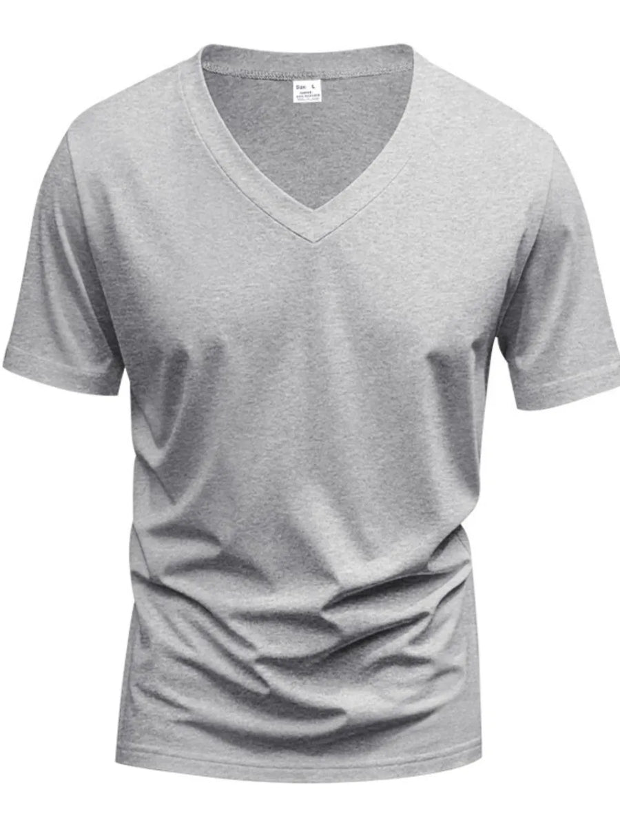 Gray V-neck t-shirt with short sleeves and a modern muscle fit.