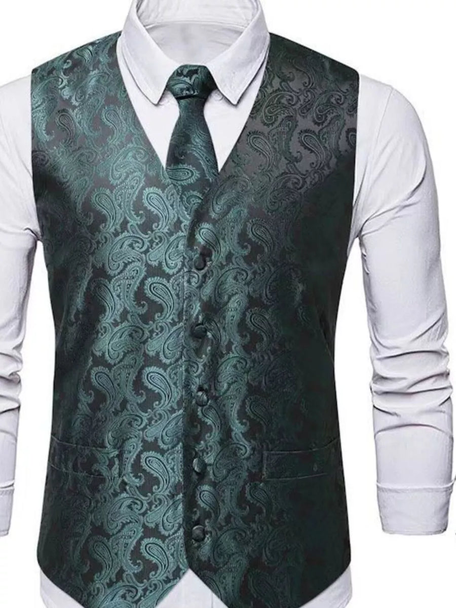 Men's Full Size Paisley Print Button Up Vest in Black