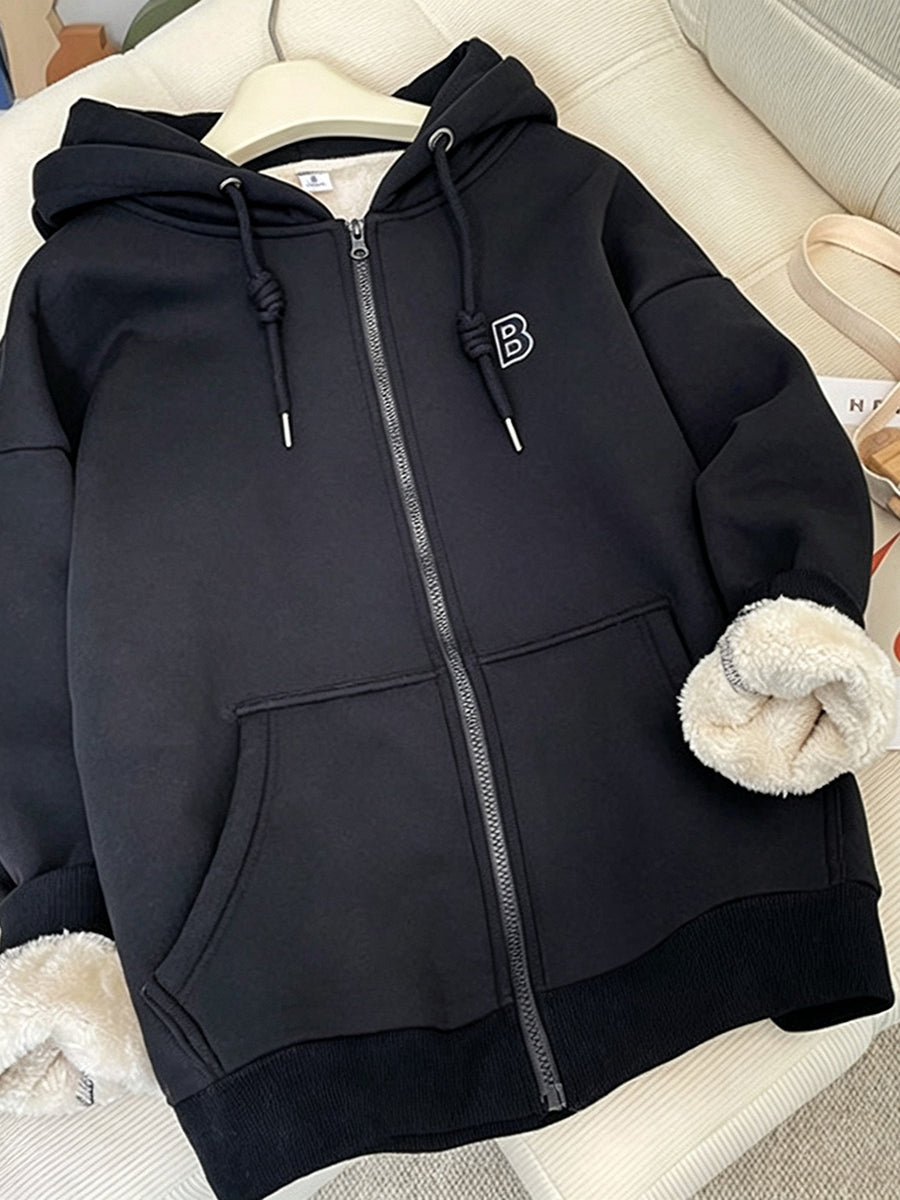 95% polyester, 5% elastane Care instructions: Machine wash cold zip hoodie in Black with relaxed silhouette
