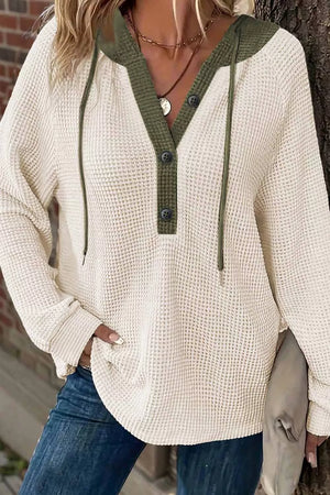 ivory pullover hoodie with waffle knit and hooded