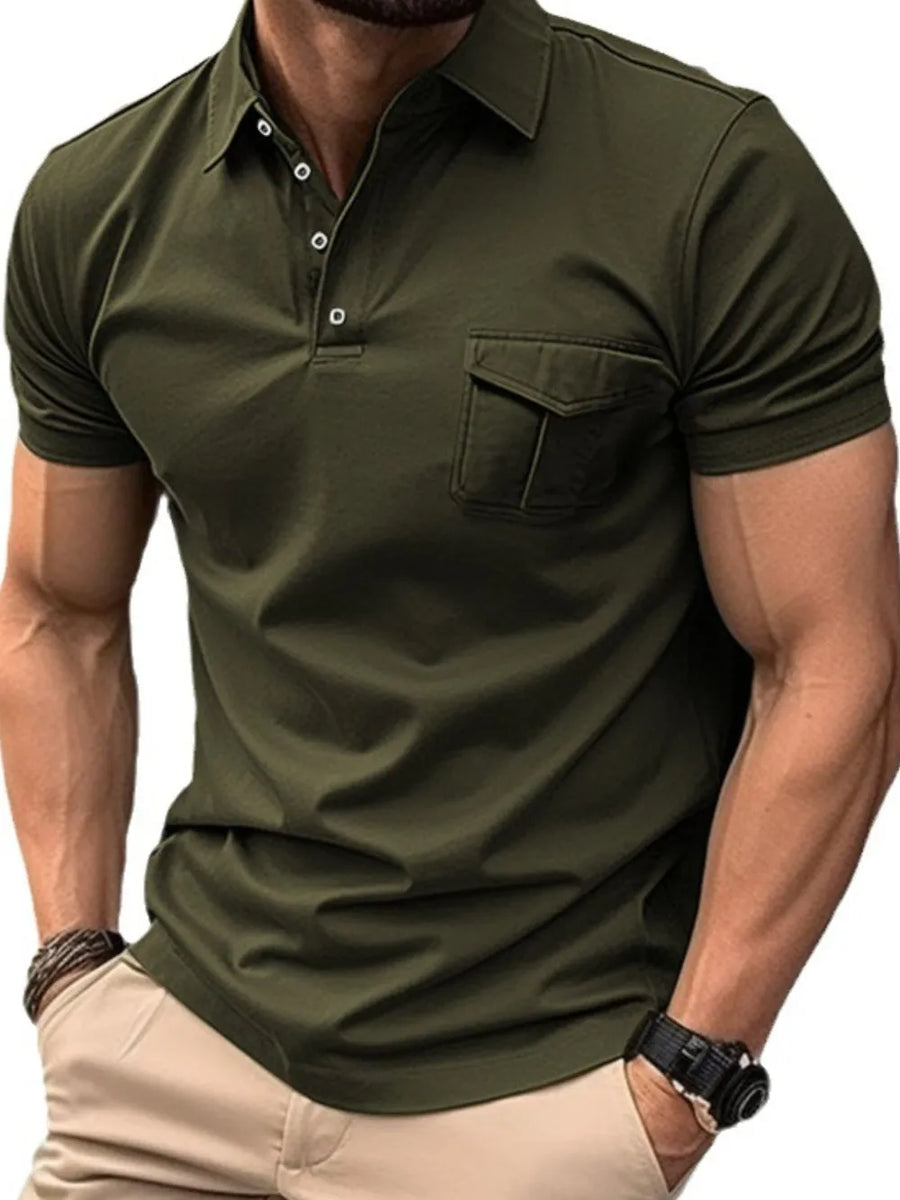 Army green acrylic short sleeve polo shirt with utility chest pocket