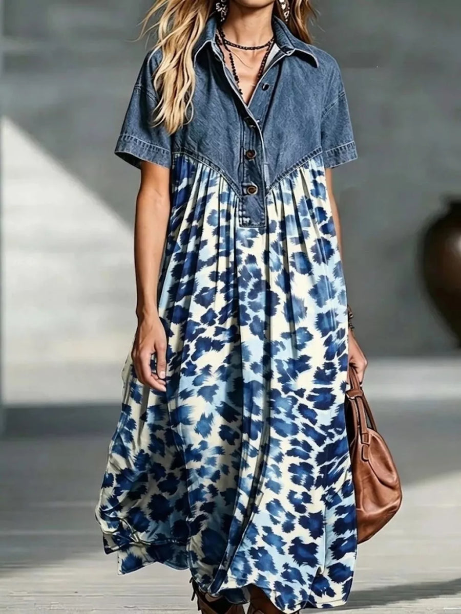 Denim Patchwork Printed Shirt Dress Plus Size in Dark Blue with buttoned