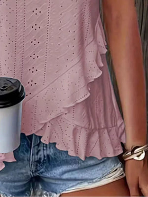 Green V-neck Eyelet Ruffled Tank Top