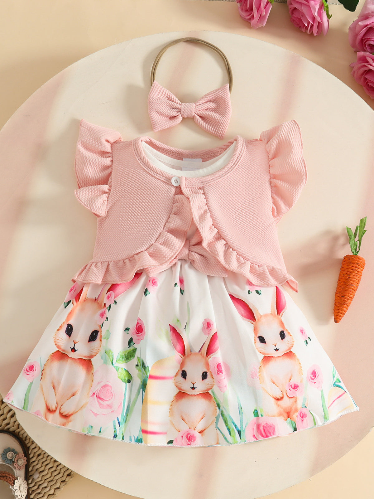 Pink bunny print baby dress with ruffle cardigan and bow headband.